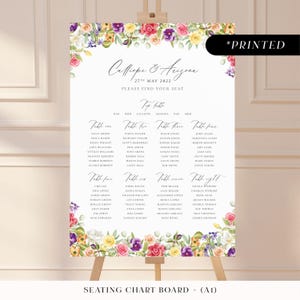 Groot bord met kleurrijke bloemen, tafelplattegrond met lentebloemen, bedrukt bord met lentebloemen, zomerse kaarten voor botanische bruiloften