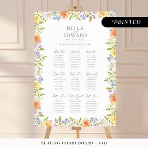 Pastel flowers large seating chart sign, romantic vintage floral printed table plan board, soft pastel wildflower wedding seating plan cards