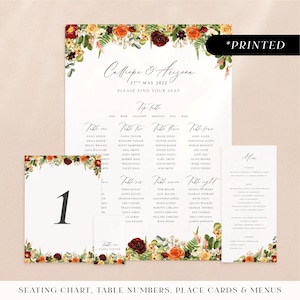 Burnt orange and deep burgundy wedding reception stationery, autumnal floral printed day-of stationery, rustic fall wedding reception set
