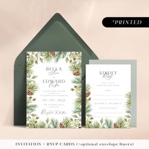 Winter pinecone wedding invitations, natural rustic pine printed invites, festive Christmas wedding invitation & rsvp cards