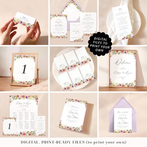 Colourful floral wedding stationery printable PDFs, professionally designed spring flowers wedding cards, summery botanical, print your own