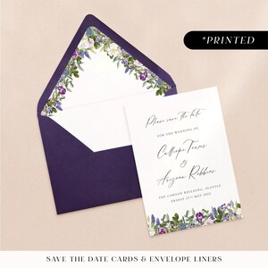 Purple spring florals wedding save the dates, printed save the dates, amethyst and green garden wedding wedding save our date cards