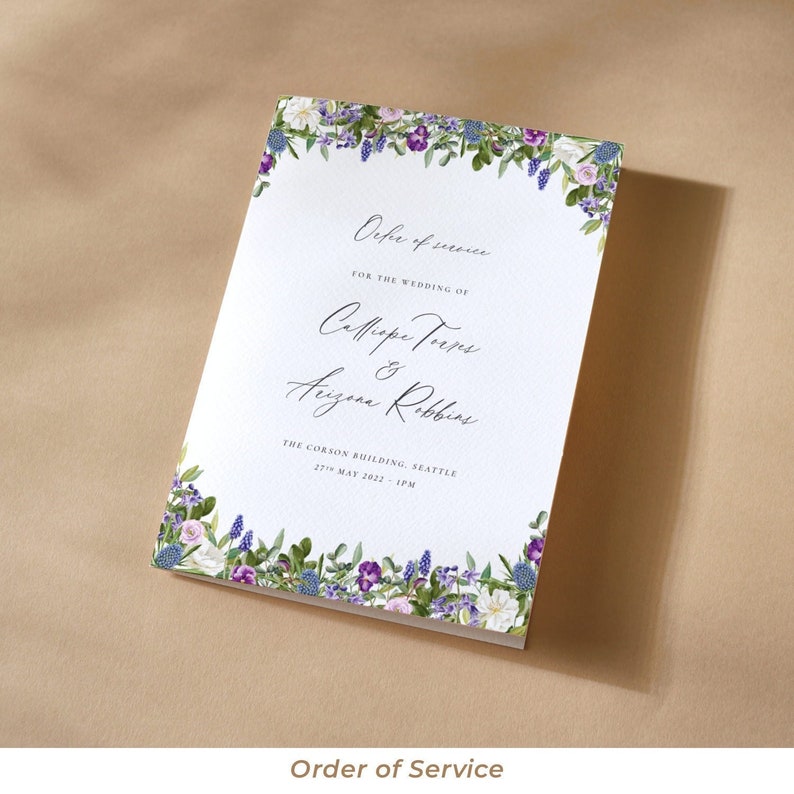 Printable Purple Flowers Wedding Order of Service Booklet Ethereal image 1