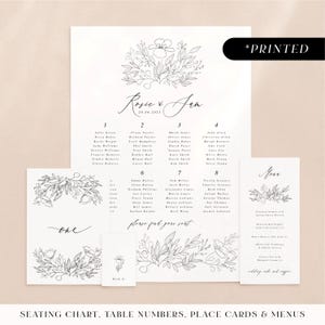 Simple black wedding reception stationery with flowers, floral sketch printed day-of stationery, classic monochrome reception cards
