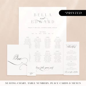 Minimal modern wedding reception stationery, swirly cursive font printed day-of stationery, classic monochrome wedding reception card set