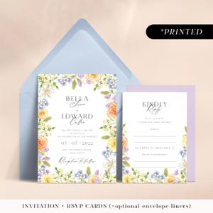 Pastel flowers wedding invitations, romantic vintage floral printed invites, soft pastel wildflower invitation and rsvp cards