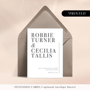 Minimal modern wedding invitations, bold typographic printed invites, simple monochrome invitation and details card
