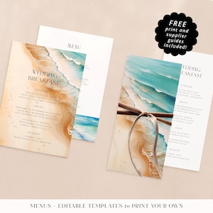 Editable Wedding Menu Templates. Instant Digital Downloads. Printable Menu Cards. Ocean Waves/Beach Wedding Menus. TID09