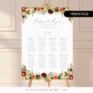 Burnt orange and deep burgundy large seating chart, autumnal floral printed table plan board, rustic fall wedding seating plan