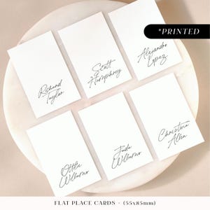 Tarjetas de lugar de boda rústicas minimalistas, tarjetas con los nombres de los invitados impresas a mano, tarjetas de lugar monocromáticas planas o dobladas