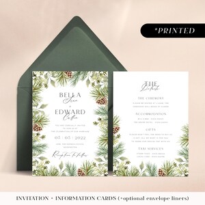 Winter pinecone wedding invitations, natural rustic pine printed invites, festive Christmas wedding invitation and details card