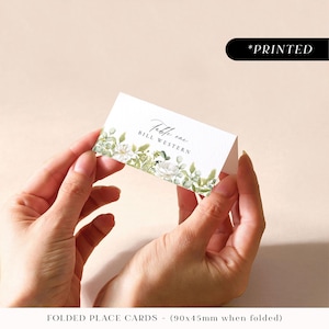 Tarjetas de lugar para bodas con eucalipto verde, tarjetas de nombre para invitados con impresión profesional de follaje botánico, tarjetas de lugar para jardín rústico planas o dobladas