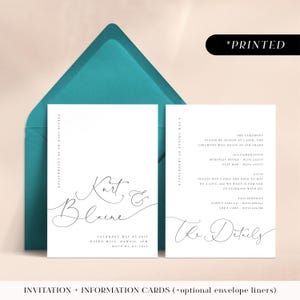 Minimal modern wedding invitations, typographic printed invites, classic monochrome invitation and details card