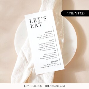 Menú de recepción de boda moderno minimalista, tarjetas de menú impresas con tipografía llamativa, menú de boda monocromático simple, tarjetas de desayuno de boda