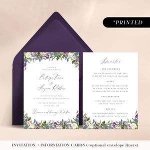 Purple spring florals wedding invitations, printed invites, amethyst and green garden wedding wedding invitation and details card