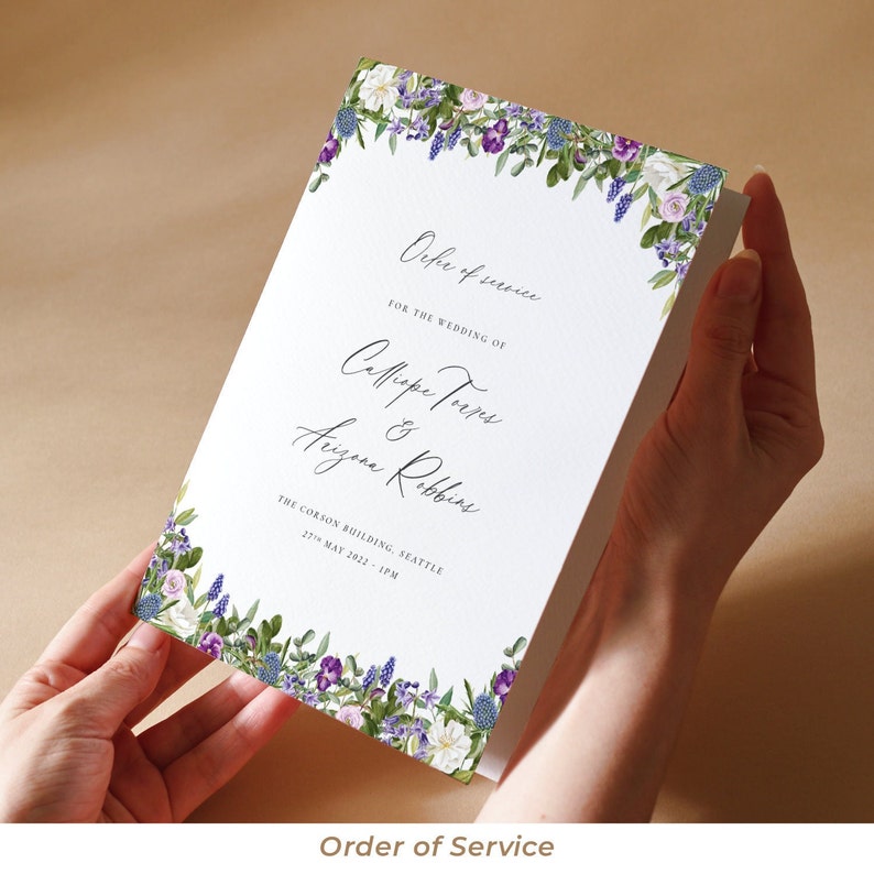 Printable Purple Flowers Wedding Order of Service Booklet Ethereal image 2