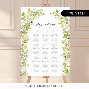 Grande enseigne de plan de table en arc de fleur verte, panneau de plan de table imprimé en arc floral, cartes de plan de table de mariage feuillage botanique luxuriant