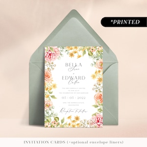 Blush pink flowers wedding invitations, romantic vintage floral printed invites, soft pastel wildflower wedding invitation cards