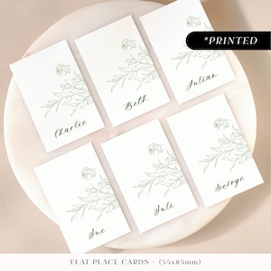 Tarjetas de lugar para bodas en color verde salvia, tarjetas con nombres de invitados botánicos impresas profesionalmente, tarjetas de lugar minimalistas en color verde, planas o dobladas.