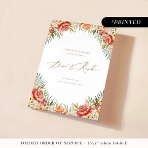 Burnt orange fall wedding ceremony program, autumnal floral printed order of service booklet, warm orange peony wedding itinerary cards