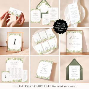 Green eucalyptus wedding stationery printable PDFs, professionally designed rustic wedding cards, botanical foliage print your own