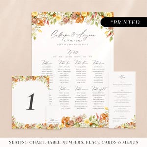 Autumn florals wedding reception stationery, printed day-of stationery with muted earthy tones, rustic fall wedding reception card set