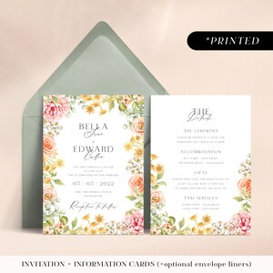 Blush pink flowers wedding invitations, romantic vintage floral printed invites, soft pastel wildflower invitation and details card