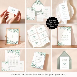 Eucalyptus leaves wedding stationery printable PDFs, professionally designed natural rustic wedding cards, botanical foliage print your own