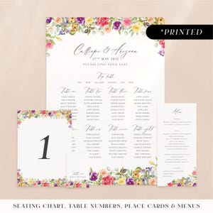 Colourful floral wedding reception stationery, spring flowers printed day-of stationery, summery botanical wedding reception card set