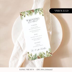 Zimowe menu weselne z szyszkami, naturalne rustykalne karty menu z nadrukiem sosnowym, świąteczne menu weselne, śniadanie weselne