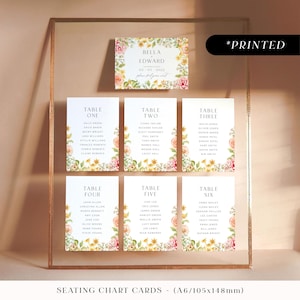 Blush pink flowers large seating chart sign, romantic vintage floral printed table plan board, pastel wildflower wedding seating plan cards