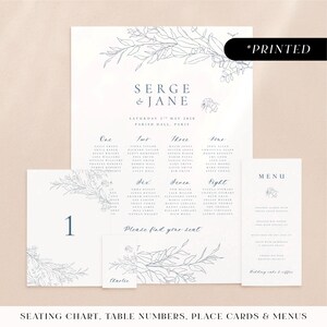 Dusty blue wedding reception stationery, vintage botanical printed day-of stationery with bee detail, pale blue wedding reception card set