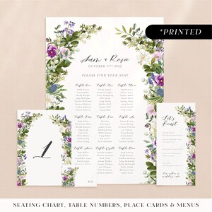 Purple flower arch wedding reception stationery, floral arch printed day-of stationery, lavender botanical wedding reception card set