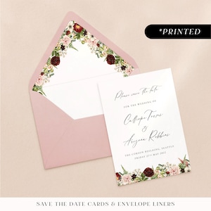 Cartes de réservation pour mariage automne bourgogne, fleurs automnales imprimées pour réservation de date, mariage de fleurs de mauvaise humeur avec fougères pour mariage, réservation de cartes de date