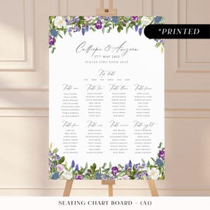 Purple spring florals large seating chart sign, printed table plan board, amethyst and green garden wedding seating plan cards