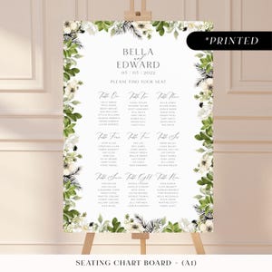 Black, white and green moody floral large seating chart sign, printed monochrome table plan board, wedding seating plan cards