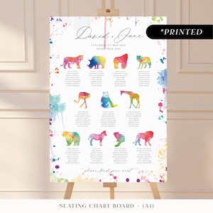 Groot bord met zitplaatsen in aquarel dierentuindieren, kleurrijk bedrukt tafelplanbord, heldere en opvallende plattegrond voor bruiloft in het wild