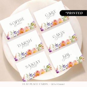 Tarjetas de lugar para bodas en tonos morados y melocotón, tarjetas románticas con nombres de invitados para la primavera, tarjetas de lugar para jardín floral en tonos lila y coral, planas o dobladas.