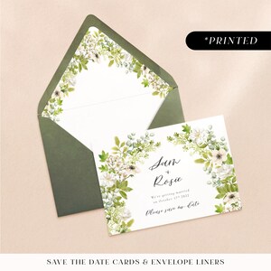 Grüner Blumenbogen Hochzeit Save the Dates, Blumenbogen bedruckte Save the Date-Karten, üppiges botanisches Laub Hochzeitshöhle die Datumskarten