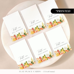 Tarjetas de lugar para bodas con cítricos naranja y limón, tarjetas con los nombres de los invitados con estampado floral amarillo, tarjetas de lugar veraniegas brillantes planas o dobladas