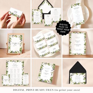 Black, white and green moody floral wedding stationery printable PDFs, professionally designed cards, monochrome print your own files