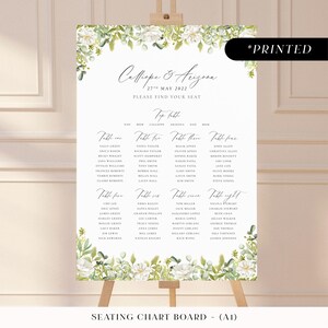 Green eucalyptus large seating chart sign, botanical foliage professionally printed table plan board, rustic garden wedding seating plan