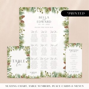 Winter pinecone wedding reception stationery, natural rustic pine printed day-of stationery, festive Christmas wedding reception card set