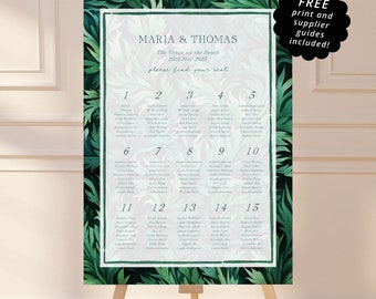 Editable Wedding Table Plan Sign. Seating Chart Board with Border. Instant Printable Download. Dark Green Botanical Wedding. DTAN08