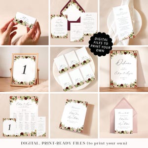 Burgundy fall wedding stationery printable PDFs, professionally designed autumnal flowers wedding cards, moody floral print your own files