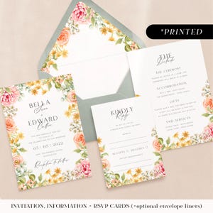 Blush pink flowers wedding invitations, romantic vintage floral printed invites, soft pastel wildflower invitation, details & rsvp cards