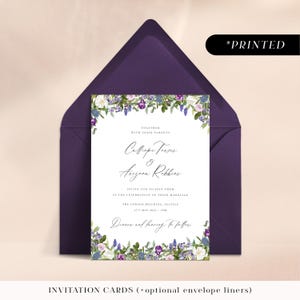 Purple spring florals wedding invitations, printed invites, amethyst and green garden wedding wedding invitation cards