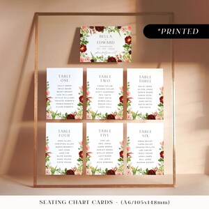 Groot bord met bordeauxrood en bordeauxrood, romantische tafelplattegrond met bloemenprint, vintage roos bruiloft plattegrond
