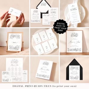 Simple black wedding stationery printable PDFs, professionally designed floral sketch wedding cards, monochrome, print your own files