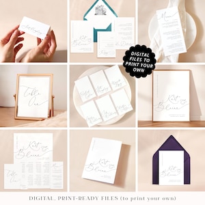 Minimal modern wedding stationery printable PDFs, professionally designed typographic wedding cards, classic monochrome print your own files